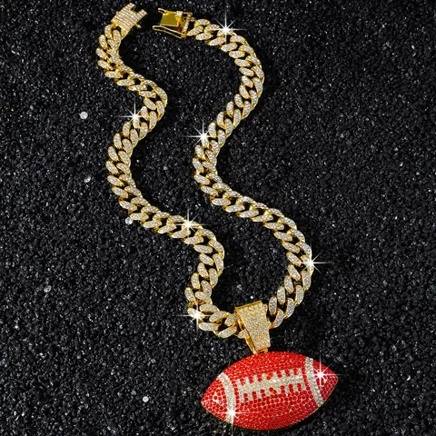 Collar de Colgante de Rugby Football Hip Hop Iced Out para Hombre Aleación de Zinc Strass Cadena Cubana Oro Plata
