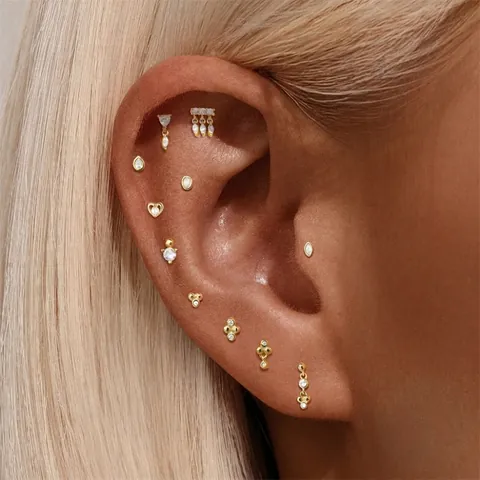S925 Sterling Silver Gold Plated Geometric Marquise Heart Zirconia Cartilage Helix Piercing Stud Earring 16G For Women Jewelry