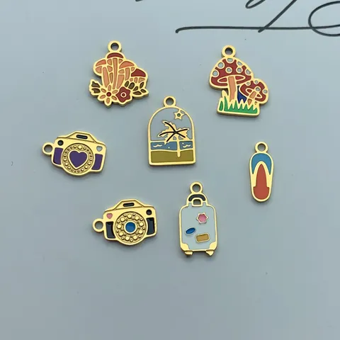 Stainless Steel Enamel Vacation Style Pendant For DIY Jewelry Making Mushroom Camera Suitcase Beach Style Charms Accessories