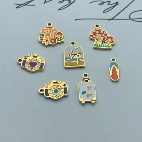 Stainless Steel Enamel Vacation Style Pendant For DIY Jewelry Making Mushroom Camera Suitcase Beach Style Charms Accessories