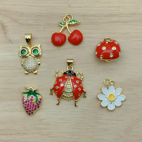 Copper Zirconia Animal Fruit Pendant Enamel DIY Jewelry Accessories For Necklace Ladybug Cherry Strawberry Flower Charms