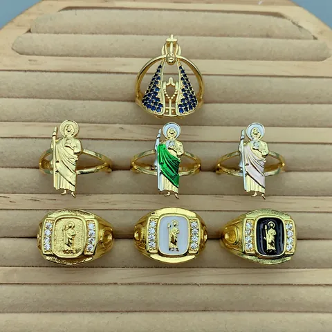 Vintage Vergulde Religieuze Sint Judas Maagd Maria Verstelbare Ringen Voor Dames Micro-Zirconia Katholieke San Judas Vingerringen Religieuze Sieraden