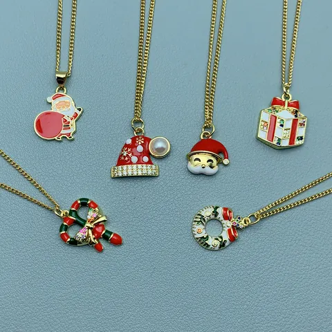 Women Christmas Santa Claus Hat Pendant Necklace Gold Plated Drip Oil Zirconia Festive Party Fashion Jewelry Accessory
