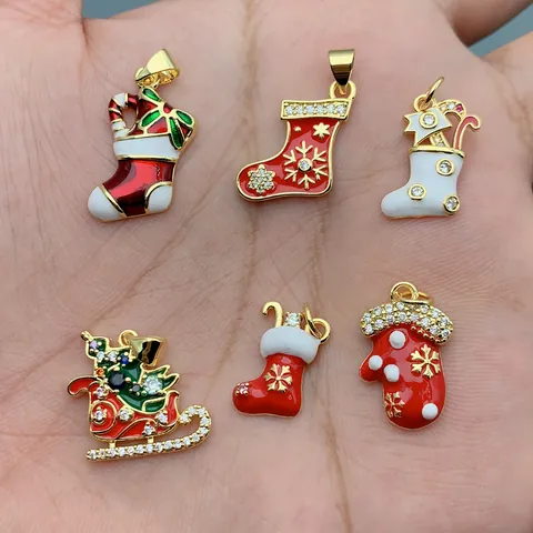 Christmas Series Copper Zirconia Pendants Gold Plated Oil Dripping Christmas Sock Glove Sled Charms For DIY Jewelry Making