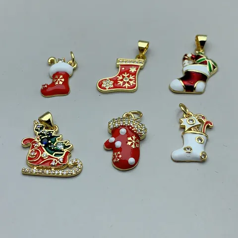 Christmas Series Copper Zirconia Pendants Gold Plated Oil Dripping Christmas Sock Glove Sled Charms For DIY Jewelry Making