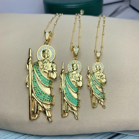 3D Sint Judas Hanger Ketting Voor Dames Heren Verguld Koper Micro Ingelegde Groene Witte Zirconia Religieuze Sieraden San Judas Tadeo Ketting