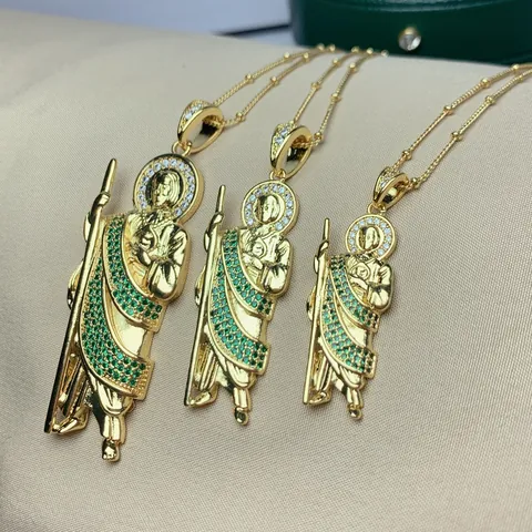 3D Sint Judas Hanger Ketting Voor Dames Heren Verguld Koper Micro Ingelegde Groene Witte Zirconia Religieuze Sieraden San Judas Tadeo Ketting