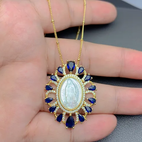 Our Lady of Guadalupe Virgin Mary Pendant Necklace Mother of Pearl Zirconia Inlaid 18K Gold Plated Religious Jewelry for Women