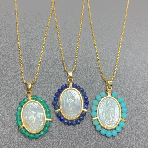 Religious Our Lady Of Guadalupe Pendant Necklace White Mother Of Pearl Natural Stone Beads Inlaid Gold Plated Copper Jewelry For Women