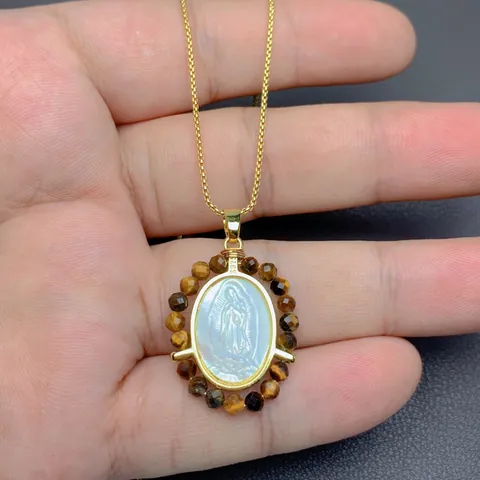 Religious Our Lady Of Guadalupe Pendant Necklace White Mother Of Pearl Natural Stone Beads Inlaid Gold Plated Copper Jewelry For Women