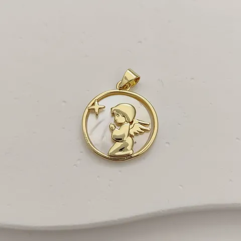 Angel Mother of Pearl Pendant Charm Copper 18K Gold Plated Round Guardian Angel Medal for DIY Necklace Bracelet Jewelry Making Accessories Findings