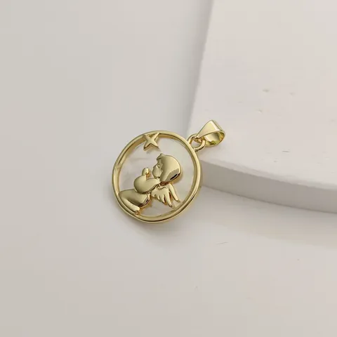 Angel Mother of Pearl Pendant Charm Copper 18K Gold Plated Round Guardian Angel Medal for DIY Necklace Bracelet Jewelry Making Accessories Findings