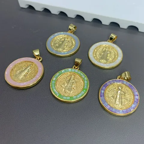 Round St Benedict Exorcism Medal Pendant Only Without Chain Natural Mother Of Pearl Copper Gold Plated Religious Charm For DIY Jewelry Making