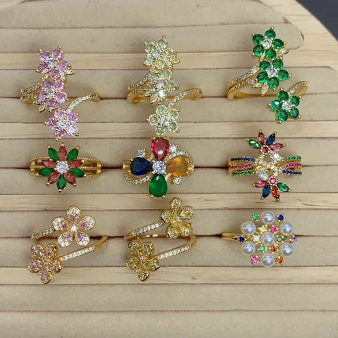 European Fashion Flower Open Ring for Women Gold Plated Copper Colorful Zirconia Artificial Pearl Adjustable Finger Ring
