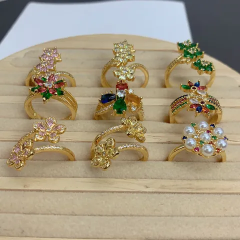 European Fashion Flower Open Ring for Women Gold Plated Copper Colorful Zirconia Artificial Pearl Adjustable Finger Ring