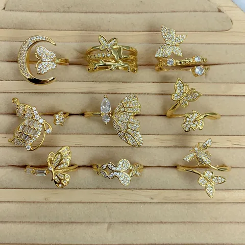18K Gold Plated Zirconia Butterfly Ring For Women Vintage Light Luxury Insect Moon Bee Adjustable Open Finger Ring Jewelry Gift