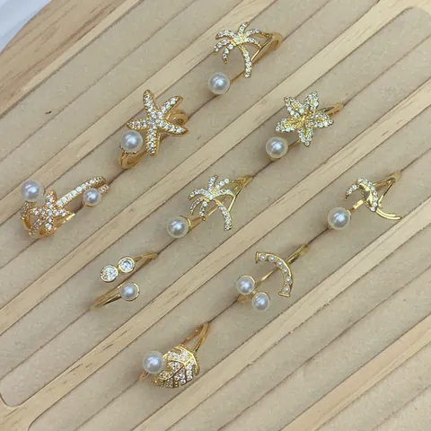 Elegant Gold Plated Copper Micro Inlaid Zirconia Artificial Pearl Open Adjustable Ring For Women Nature Themed Jewelry