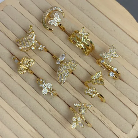 18K Gold Plated Zirconia Butterfly Ring For Women Vintage Light Luxury Insect Moon Bee Adjustable Open Finger Ring Jewelry Gift