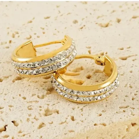 Luxury Stainless Steel Hoop Earrings For Women 18K Gold Plated Round Pave Rhinestone Earrings Geometric Fashion Jewelry