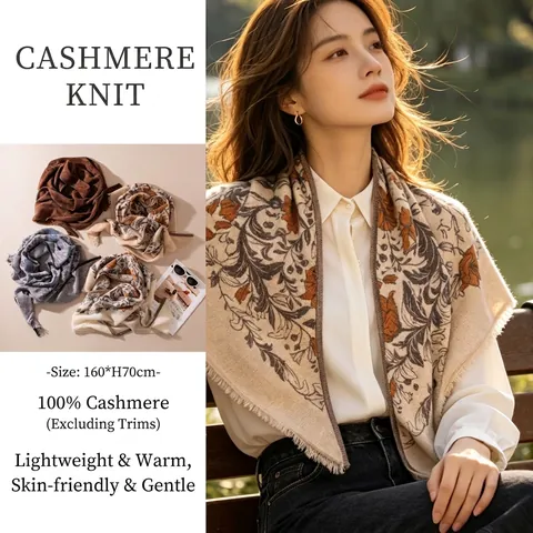 French Pastoral Floral Print 100% Cashmere Knitted Triangle Scarf Shawl Lightweight Warm Neck Wrap for Women Spring Autumn
