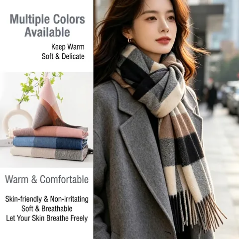 Women Winter Warm Wool Scarf Classic Plaid Tassel Long Neckerchief Soft Fashion Casual Winter Accessory