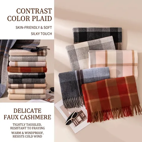 Classic Plaid Scarf For Women Winter Warm Cashmere-Like Polyester Large Check Shawl With Tassels Elegant Minimalist Pashmina Wrap