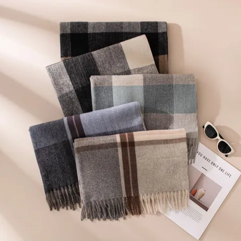 Classic Plaid Scarf For Women Winter Warm Cashmere-Like Polyester Large Check Shawl With Tassels Elegant Minimalist Pashmina Wrap