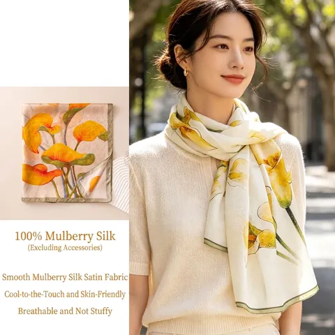 Luxury Mulberry Silk Scarf Long Fashion Floral Printed Silk Scarf For Women Birthday Gift Sunshade Neck Decor Wrap