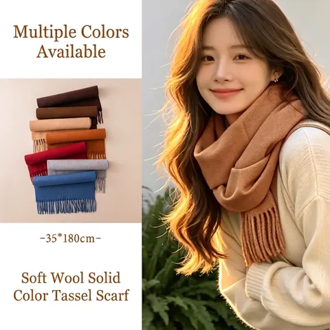 Winter Warm Wool Blend Scarf For Women Solid Color Tassel Shawl Soft Knitted Warp Commute Windproof Neck Wrap Accessory