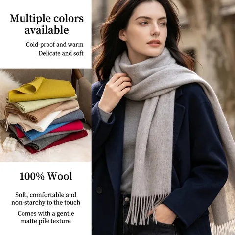 100% Wool Scarf For Women Men Solid Color Winter Warm Shawl With Tassels Soft Knit Pashmina Wrap Scarf Daily Fashion Accessories