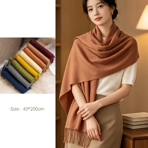 Women Solid Color Cashmere Like Polyester Scarf Long Winter Warm Shawl With Tassels Morandi Soft Neck Scarf For Daily Wear