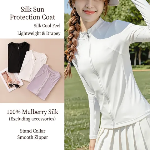 Women 100% Mulberry Silk Sun Protection Clothing Stand Collar Zipper Long Sleeve Slim Sunscreen Jacket For Outdoor Sport