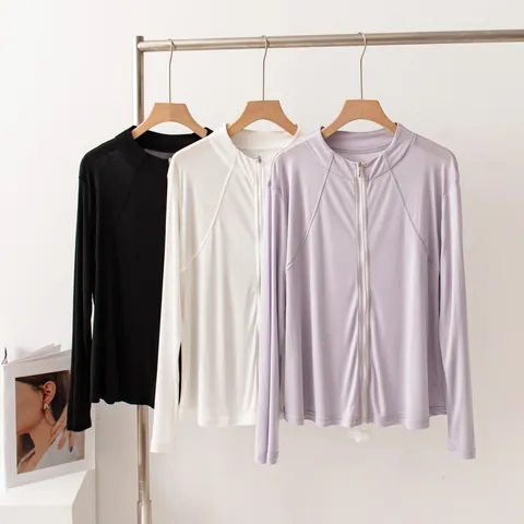 Women 100% Mulberry Silk Sun Protection Clothing Stand Collar Zipper Long Sleeve Slim Sunscreen Jacket For Outdoor Sport