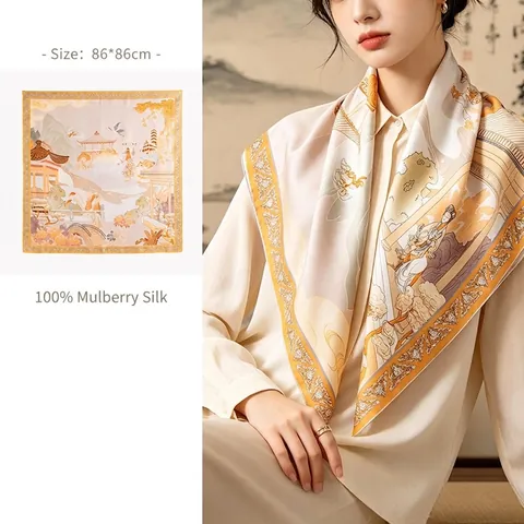 Luxury 16 Momme Mulberry Silk Twill Square Scarf For Women Floral Equestrian Print Double Sided Silk Shawl Mother's Day Gift