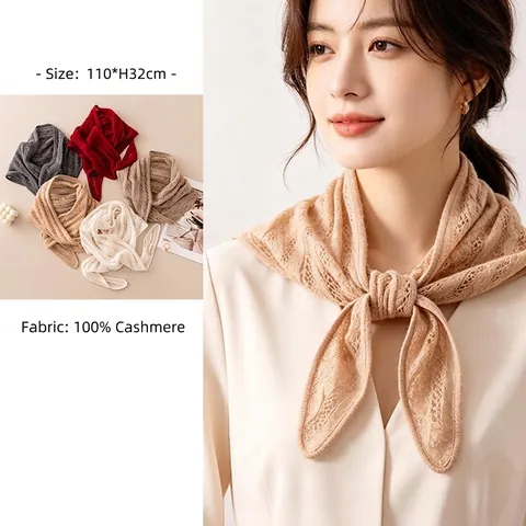 Elegant 100% Cashmere Knitted Triangle Scarf For Women Soft Hollow Out Pointelle Shawl With Artificial Pearl Buckle Warm Winter Scarf
