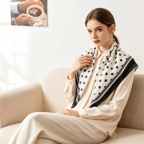 Elegant Polka Dot Floral Polyester Neck Scarf For Women Satin Finish Printed Lightweight Square Scarf Fashion Hair Scarf Head Scarf Accessories