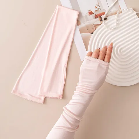 Women Long Sunscreen Mulberry Silk Viscose Blend Sleeves With Lace Trim Thumb Hole Breathable UV Protection Arm Sleeves