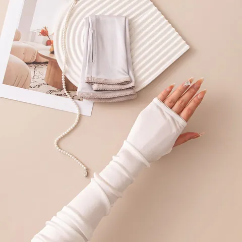 Women Long Sunscreen Mulberry Silk Viscose Blend Sleeves With Lace Trim Thumb Hole Breathable UV Protection Arm Sleeves