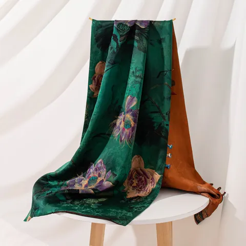 New Chinese Style Mulberry Silk Shawl Double Sided Printed Long Scarf With Buckle Emerald Pool Lotus Elegant Silk Wrap