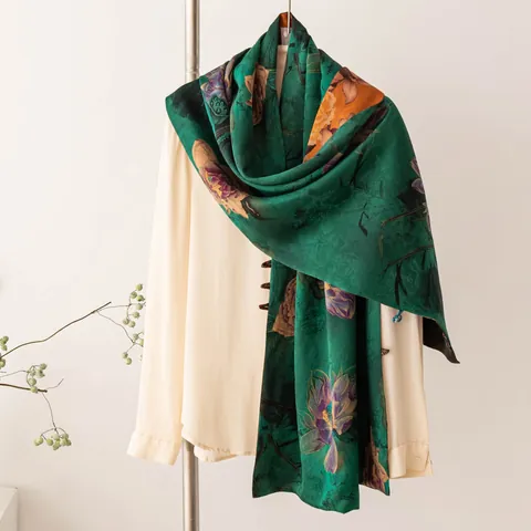 New Chinese Style Mulberry Silk Shawl Double Sided Printed Long Scarf With Buckle Emerald Pool Lotus Elegant Silk Wrap