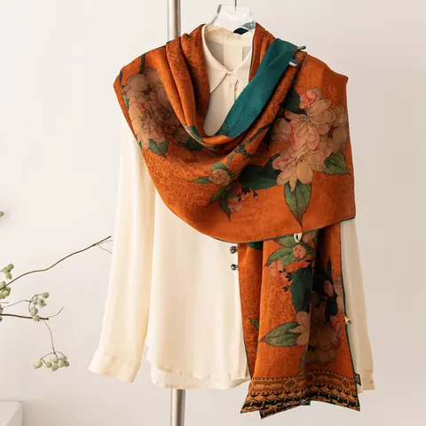 Luxury Double Sided Mulberry Silk Scarf Chinese Style Xiangyunsha Floral Printed Shawl With Buckle Long Scarf Gift Box