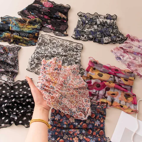 Women Mulberry Silk Neck Gaiter Summer Breathable Knitted Mesh Sun Protection Scarf Floral Fake Collar Neck Warmer