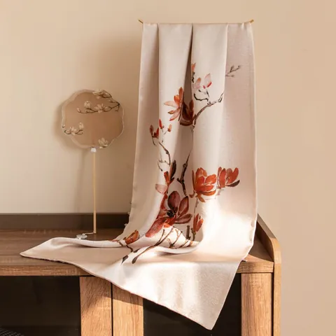 Women's Luxury Mulberry Silk Scarf Double Layer Buckle Shawl Long Printed Floral Winter Plum Blossom Chinese Style Wrap
