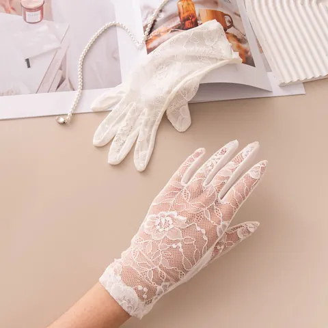 Women Mulberry Silk Lace Gloves Summer Sun Protection Mesh Breathable Etiquette Wedding Party Performance Full Finger Gloves