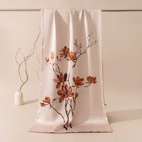 Women's Luxury Mulberry Silk Scarf Double Layer Buckle Shawl Long Printed Floral Winter Plum Blossom Chinese Style Wrap