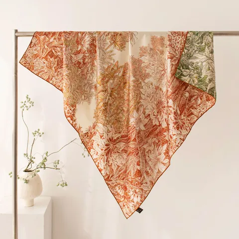 Mulberry Silk Square Scarf Double Sided Botanical Floral Printed Snowflake Satin Elegant Large Neck Scarf For Women