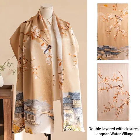 Mulberry Silk Long Scarf For Women Double Layer Shawl With Buckle Chinese Vintage Magnolia Print Elegant Silk Wrap Shawl