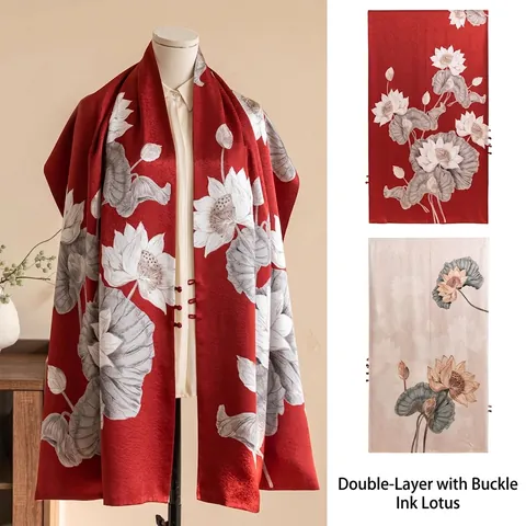 Chinese Style Red Mulberry Silk Scarf Double Layer Lotus Pattern Shawl With Buckle For Women Cheongsam Wedding Printed Wrap