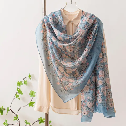 Bufanda de Seda de Morera para Mujer Chal Largo Floral Retro Ligero Transpirable Primavera Verano Moda