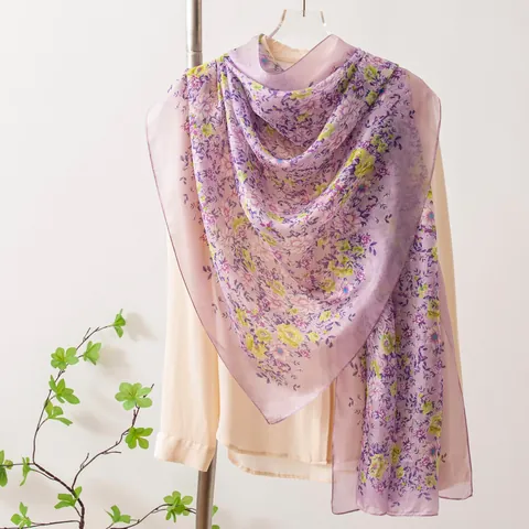 Bufanda de Seda de Morera para Mujer Chal Largo Floral Retro Ligero Transpirable Primavera Verano Moda